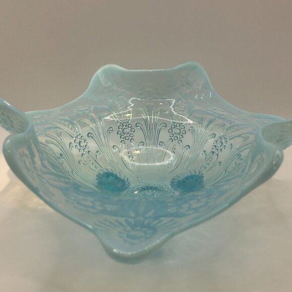 Antique Northwood Blue Opalescent Pearl Flowers Footed Bowl 9” Diameter - Picture 3 of 6